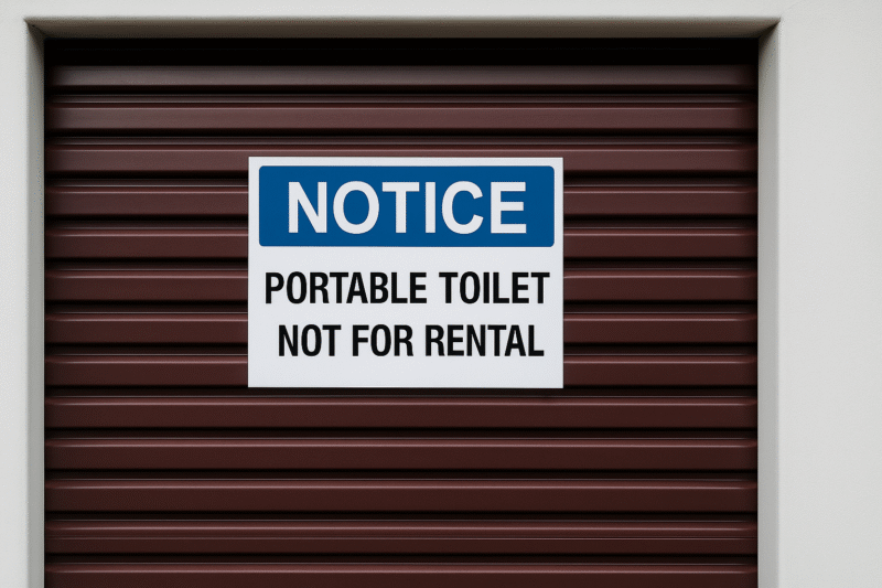 画像案:貸倉庫のシャッターに「PORTABLE TOILET NOT FOR RENTAL」の貼り紙がある様子