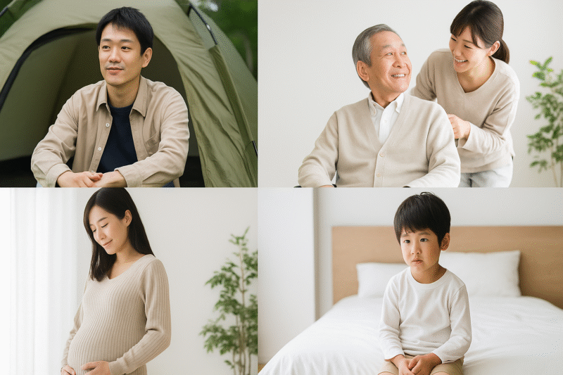 画像案:実写構成の4分割写真(キャンパー、高齢者、妊婦、小さな子ども)
