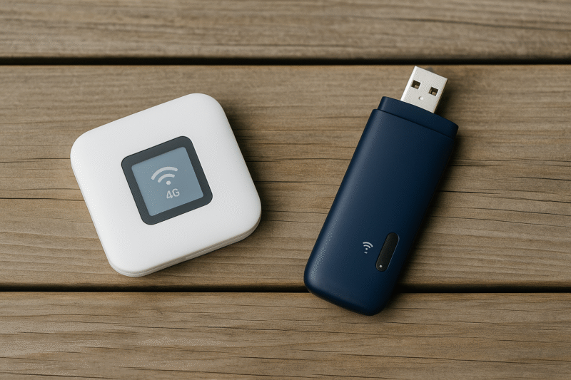 白い正方形のポータブルWi-FiルーターとネイビーブルーのUSBスティック型Wi-Fi端末が並べられている構図イメージ