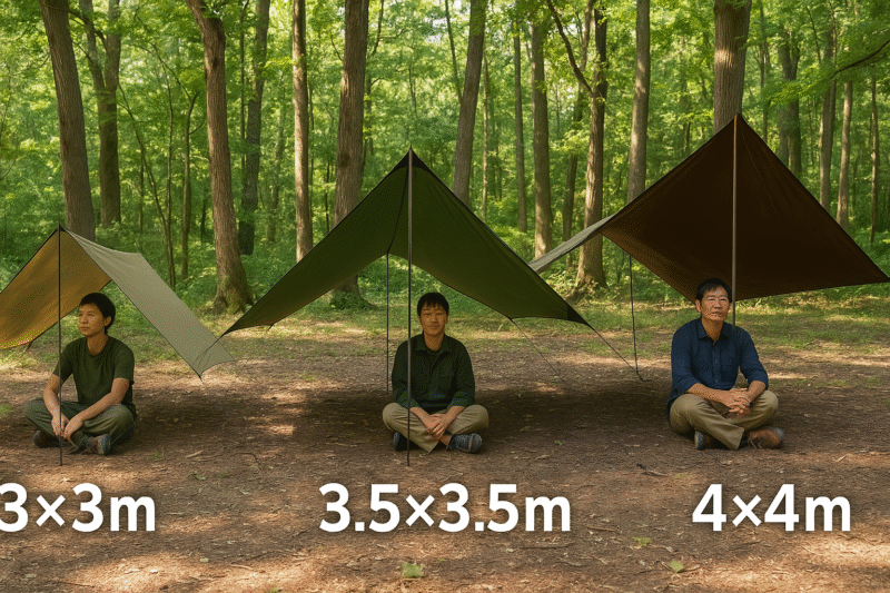 3種類のタープ（3×3m、3.5×3.5m、4×4m）を地面に展開または簡易設営して、サイズ感を比較できる構図イメージ