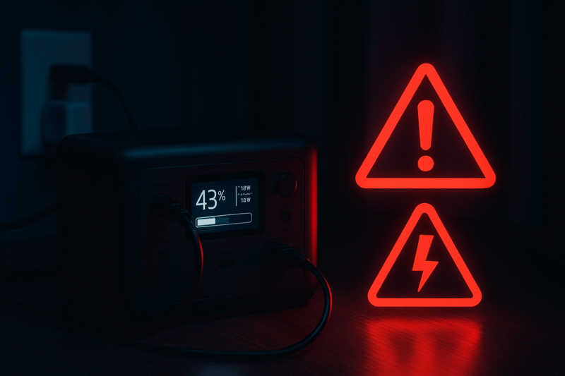 夜間に繋がれたままのポータブル電源と警告マーク(電圧低下のイメージ)