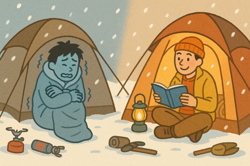 寝袋で震える初心者と、隣で快適そうに過ごす経験者キャンパーを対比的に描いたイラスト風画像。