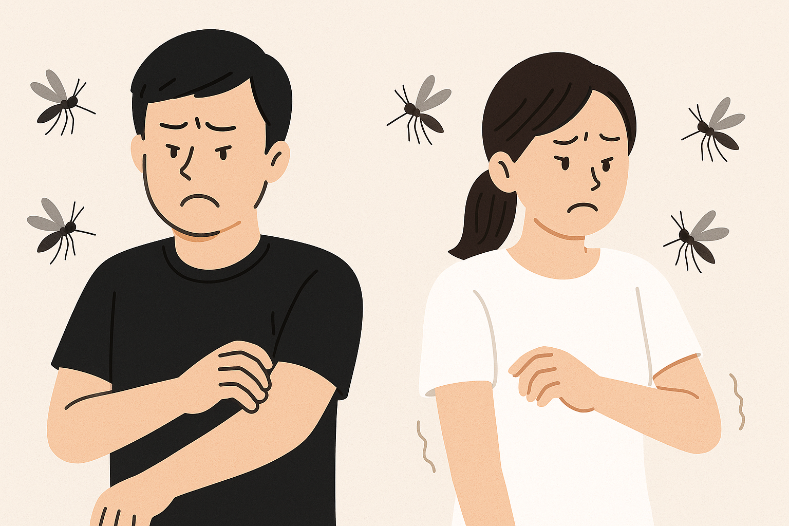 h3-3：黒い服を着た人と白い服を着た人に蚊が寄っている様子のイラスト