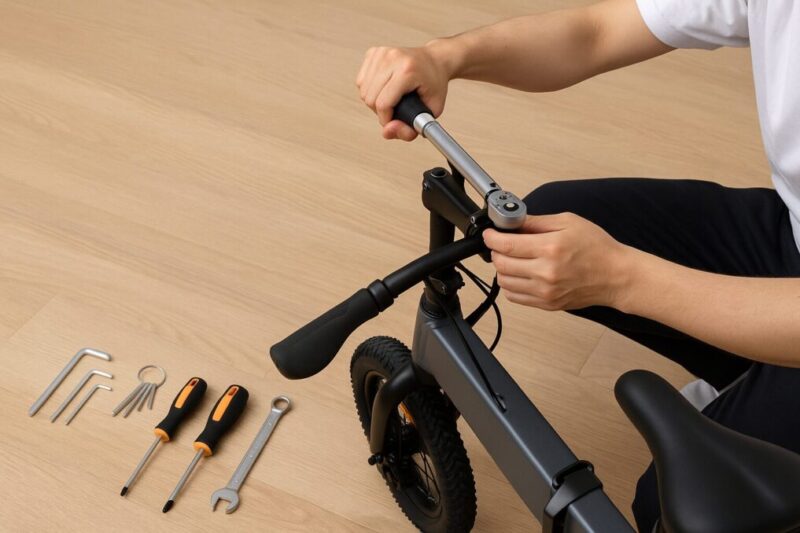 eBikeのステムをトルクレンチで締める日本人の手元と工具一式。初期組み立て・点検をイメージさせる写真。