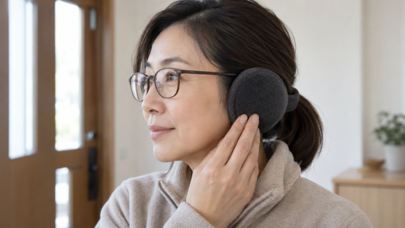 メガネを掛けた女性が、グレーの耳当てに手を添えて装着位置を確認している