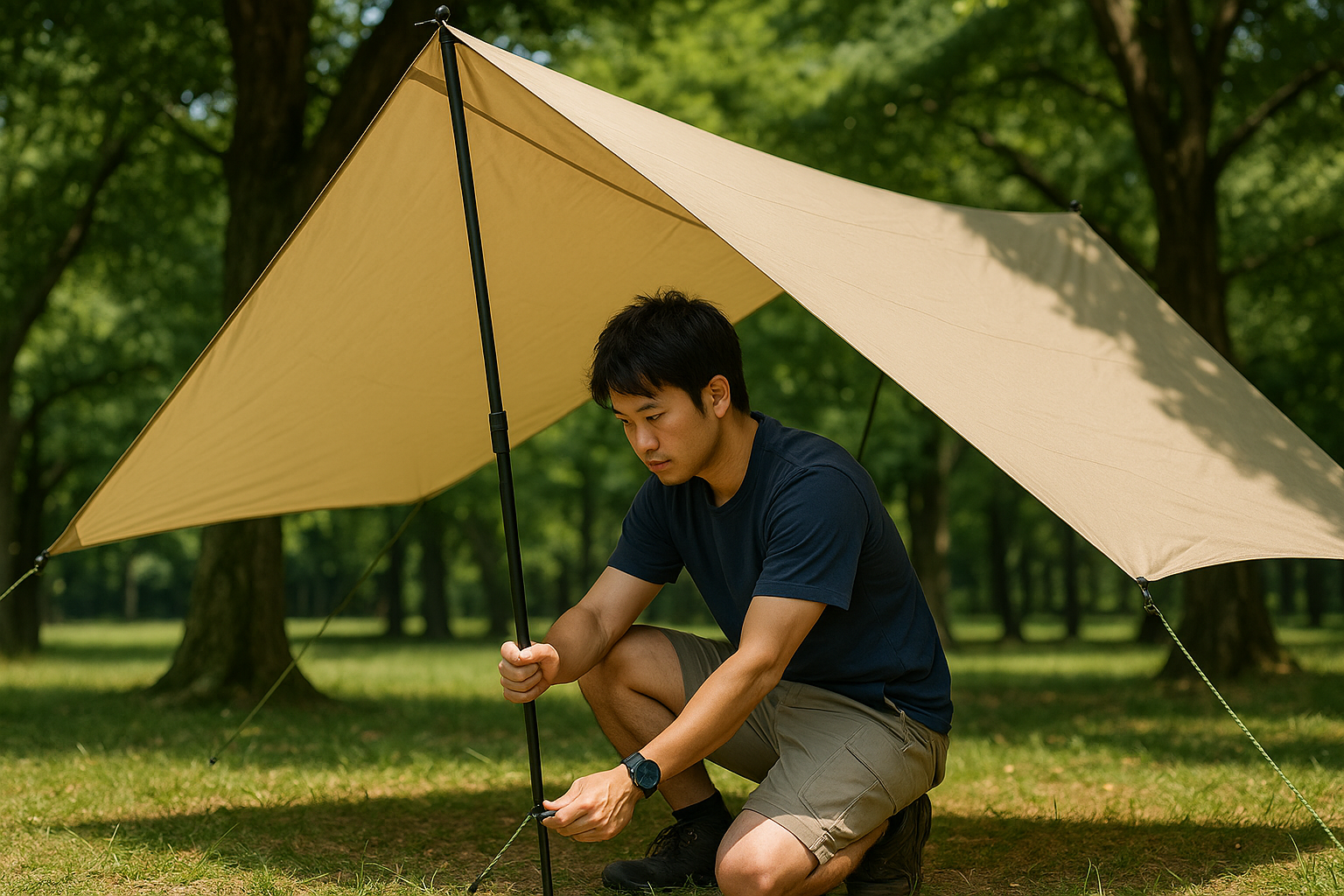 FIELDOOR ヘキサタープ 木陰でタープを一人で設営中の日本人。ペグやポールを調整している横構図