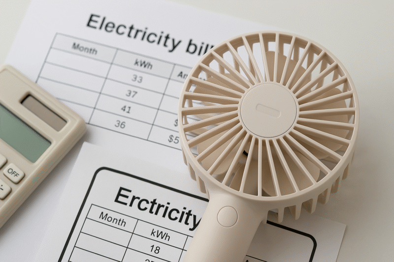 電卓と電気料金表を背景にしたファン