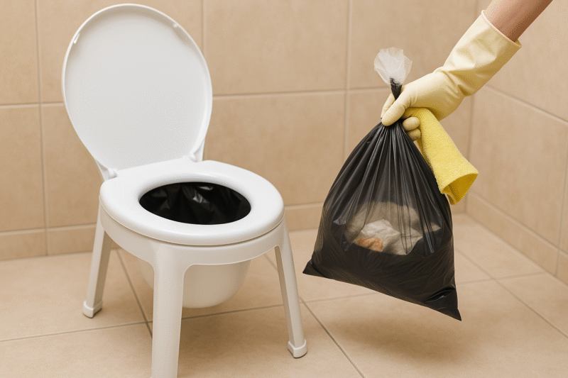 画像案:密閉型のポータブルトイレと、排泄物入りのゴミ袋を手袋で持つ様子