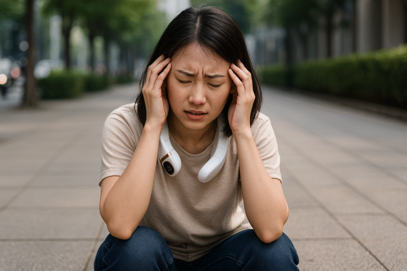 急激な冷却によって血管が収縮し、頭痛やめまいを引き起こししゃがみこんでいる女性の写真
