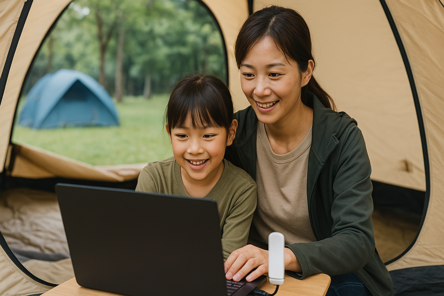 キャンプ場でノートPCとecoco wifiを使い動画を視聴する親子の様子