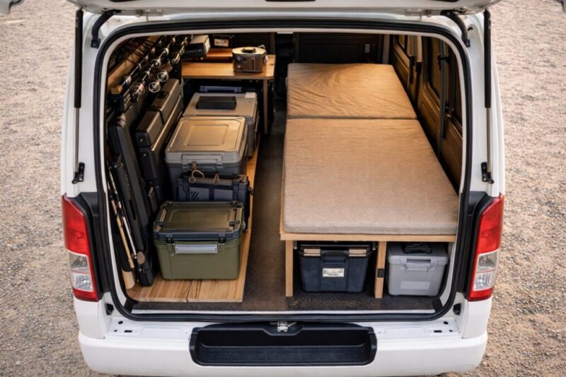 釣り道具とキャンプ用品を分けて配置したバンの荷室レイアウト