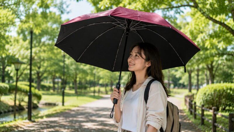 夏の公園で大きめのワインレッドと黒の日傘を差して歩く女性