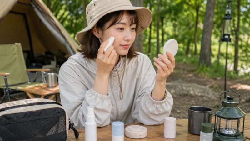 キャンプ場でスティックタイプの日焼け止めを使い頬まわりを塗り直している様子