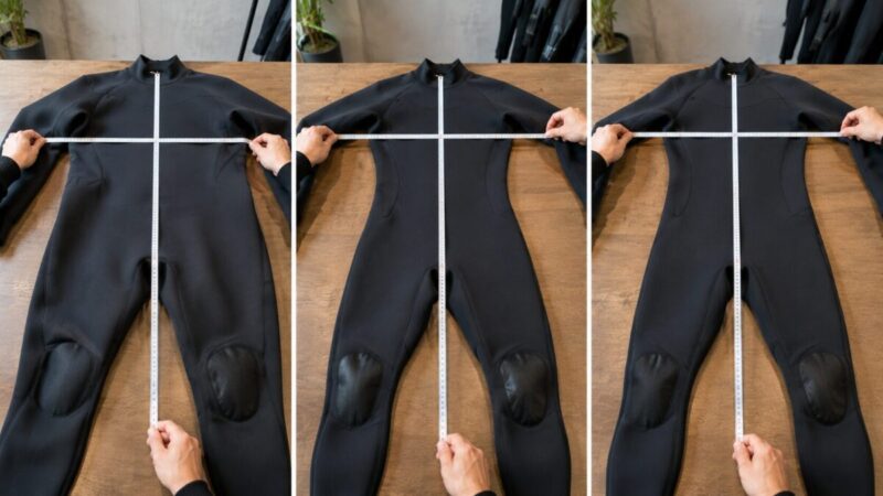 大きいサイズのウェットスーツを平置きして着丈と胸幅の実寸を比較する様子