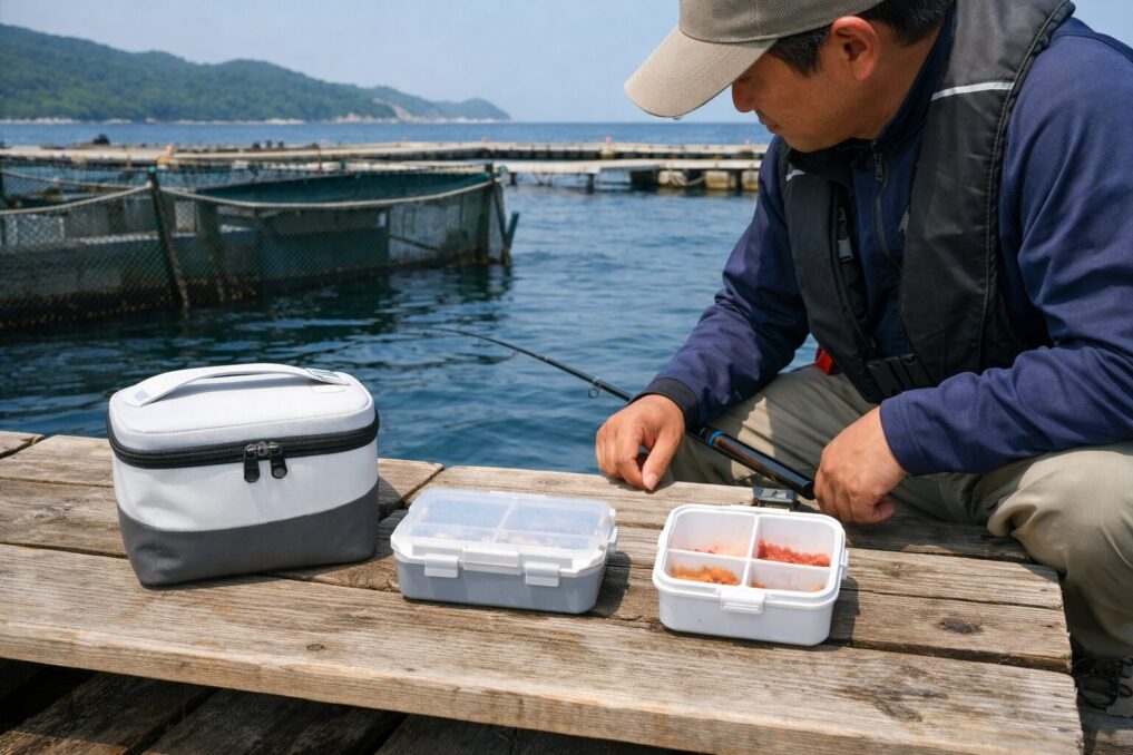 海上釣堀で使う餌入れをクーラー型と小型ケース型で比較している様子