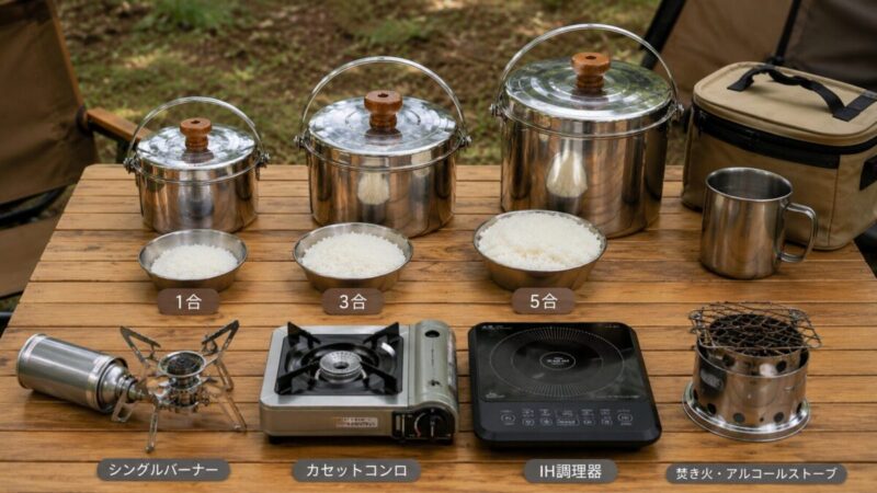 キャンプ用ライスクッカーの容量と対応する熱源を比較して確認するイメージ