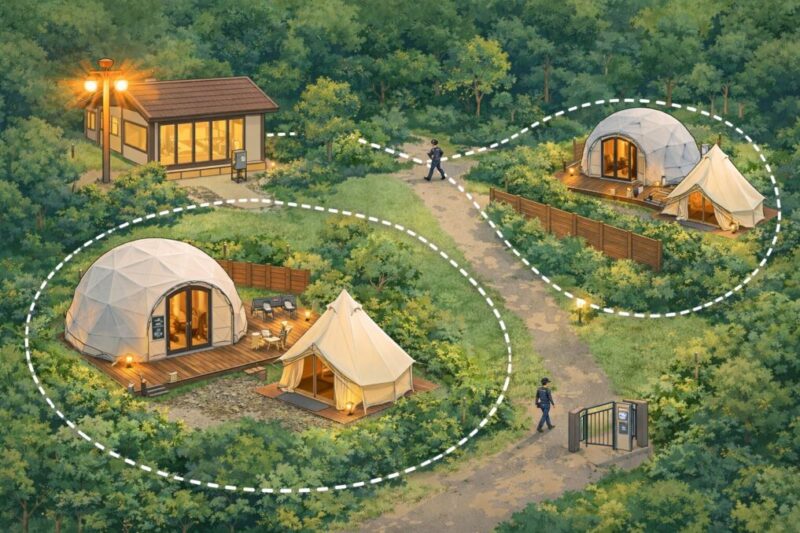 安心しやすいグランピング施設の防犯設備を示す図