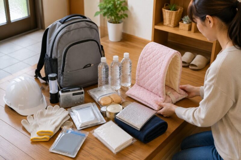 家庭用の防災備えとして防災頭巾や非常用品をまとめて確認している様子