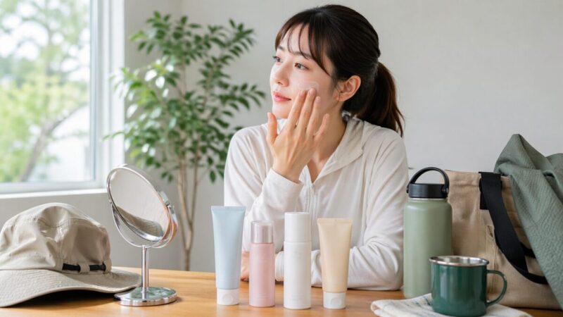 外出前に日焼け止め下地を頬になじませながら使い心地を確認する女性のイメージ