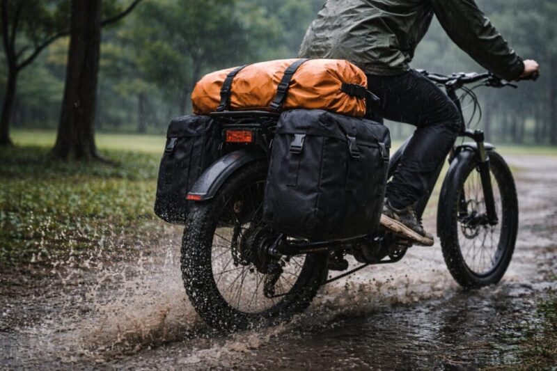 雨の日にフェンダーと防水バッグで荷物を濡らしにくくする工夫のイメージ