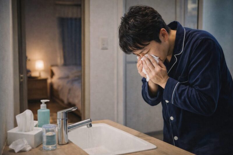 花粉症の不調で疲れた様子があり、生活の中で気分の余裕をなくしやすい状態を表したイメージ