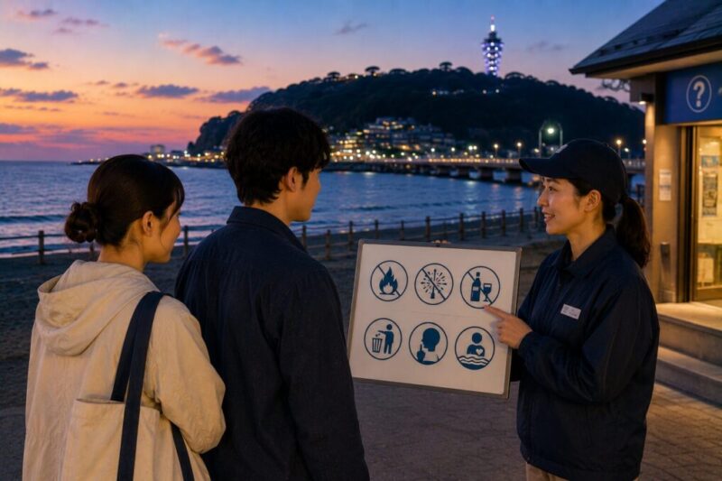 夕暮れの海辺で、利用ルールをスタッフに確認する大人2人