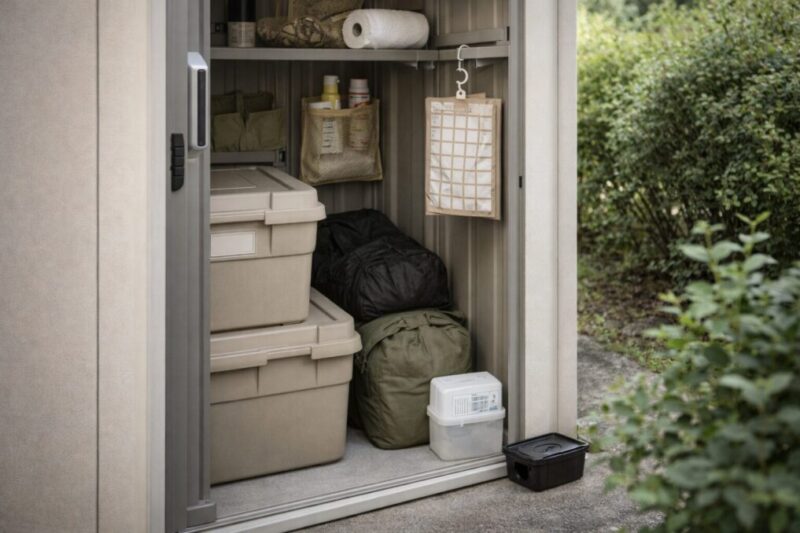 物置の中で密閉ケースを底上げし、通気の隙間を確保してキャンプギアを保管している様子