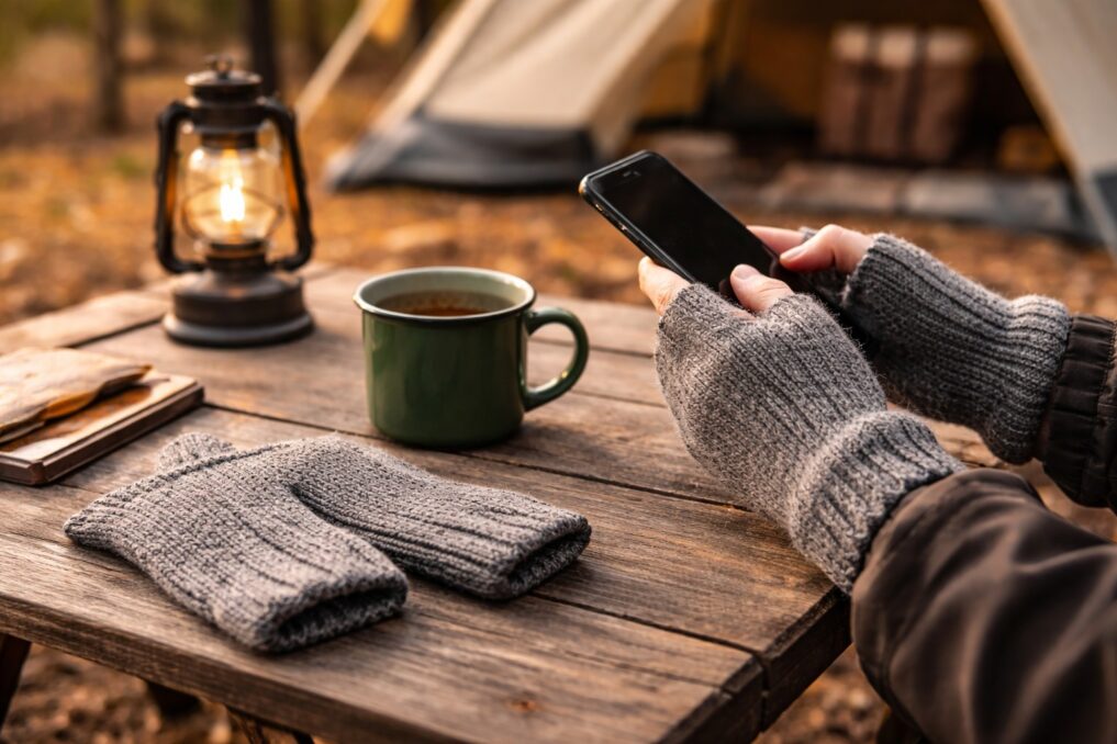 キャンプのテーブルで指なし手袋を着けた手がスマホを操作し、横にマグカップとランタンが置かれている様子。