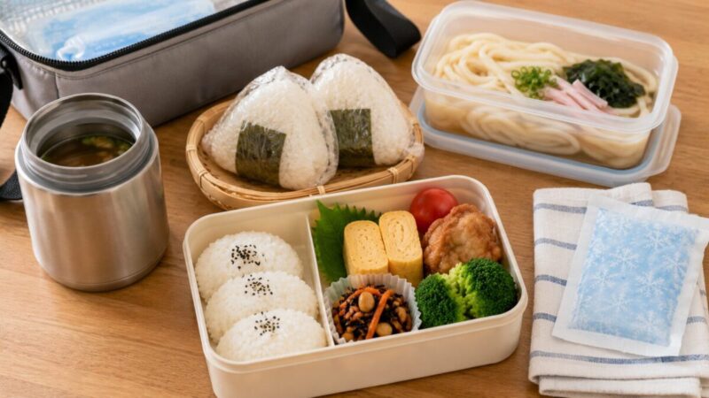ラップで包んだおにぎり、別容器の冷やしうどん、フードジャー、保冷バッグ、保冷剤を並べた夏のお弁当セット。