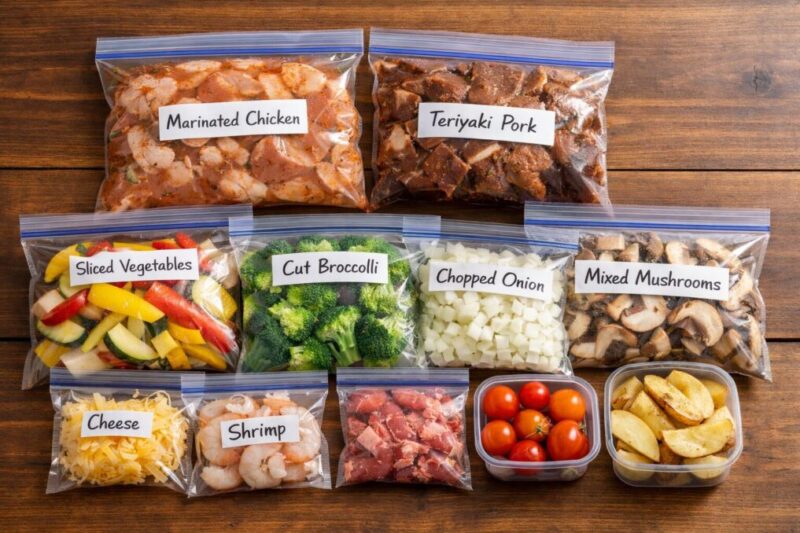 現地調理を楽にする下味冷凍と小分け食材の準備例。