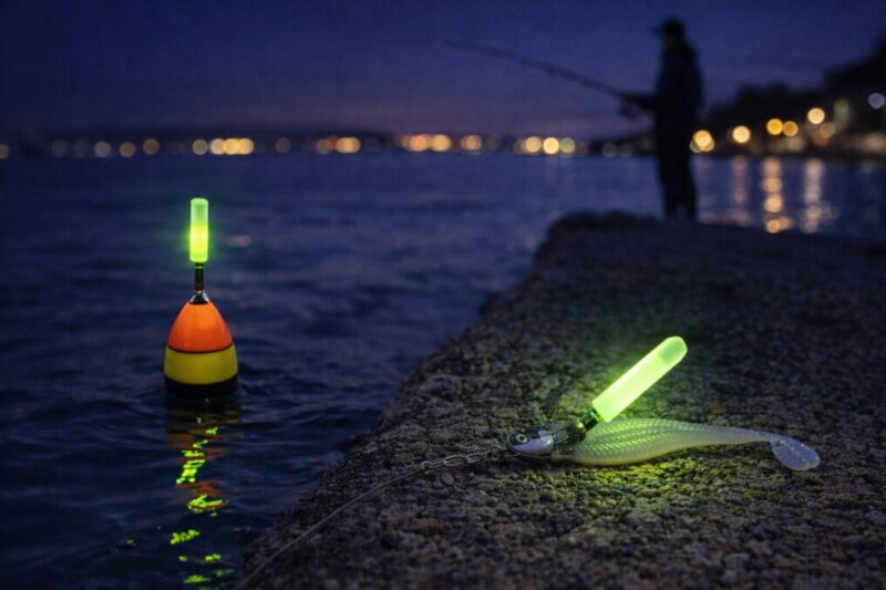 夜の堤防釣りで見やすく光るケミカルライトの使用例