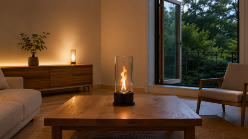 換気できる室内でPATIO FLAME風ファイヤーランプを安定したテーブルに設置した様子