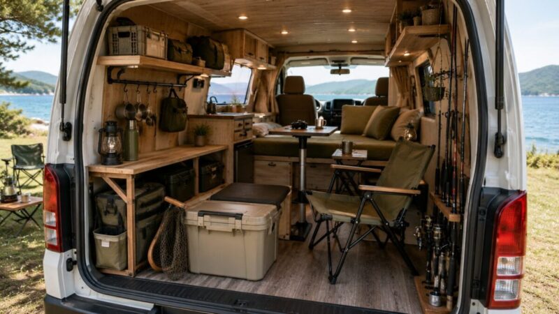 キャンプや釣り道具を積みやすいキャンピングカーのレイアウト
