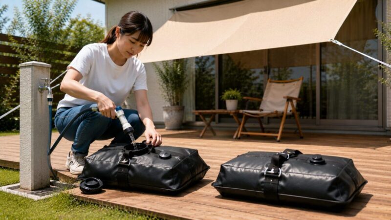 日除けシェード用の注水式ウェイトへ水を入れて満水状態を確認する様子