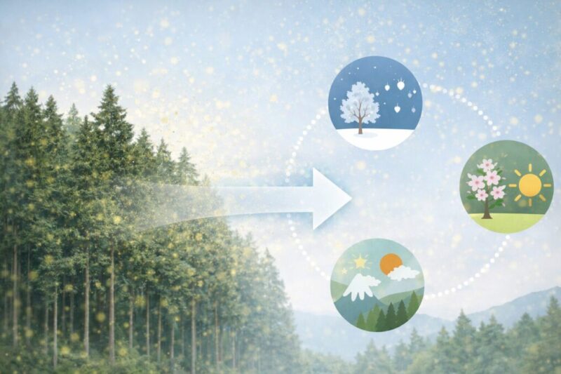 スギ花粉が減りにくい仕組みを示す図解イメージ