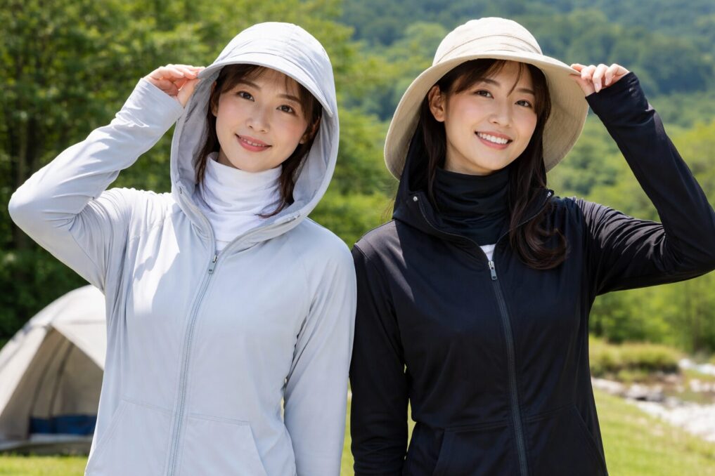 キャンプ場で紫外線対策ウェアを着用して外遊びを楽しむ様子
