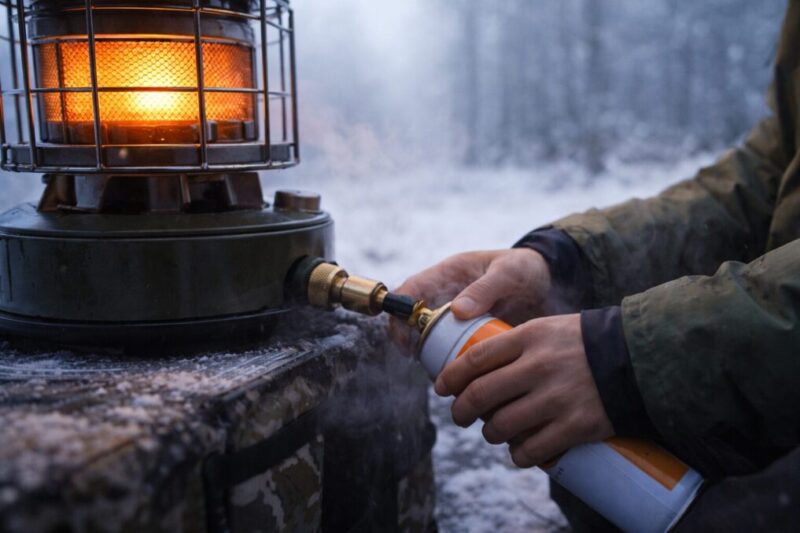 冷え込む環境でガスボンベの接続部を確認し、点火不良や消火の原因をチェックしている様子