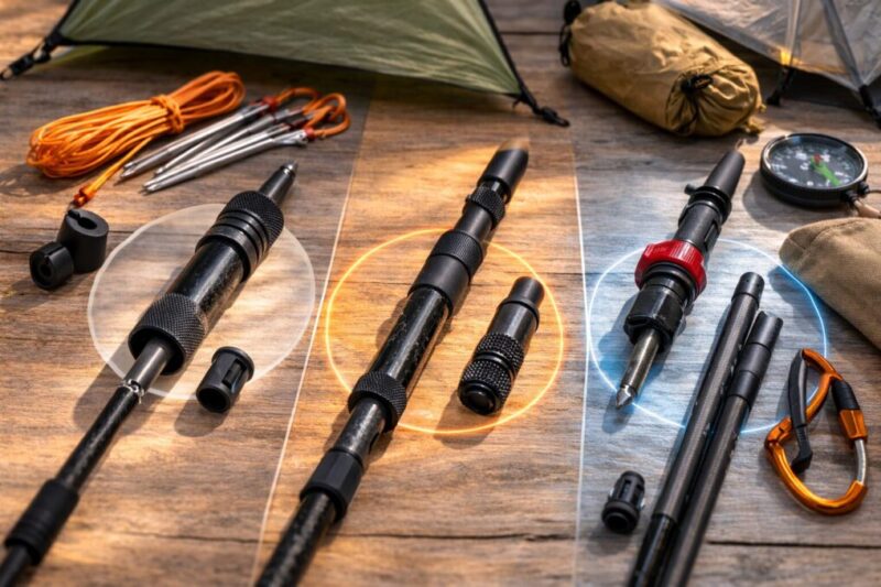 トレッキングポールの延長パーツを種類別に並べて特徴を見比べられる写真