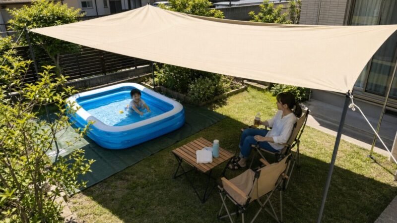 庭プールと休憩スペースの両方にタープで日陰を作った安全な配置例