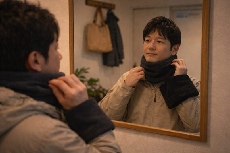 鏡の前で男性がネックウォーマーのフィット感を確認し、2枚を比べている様子