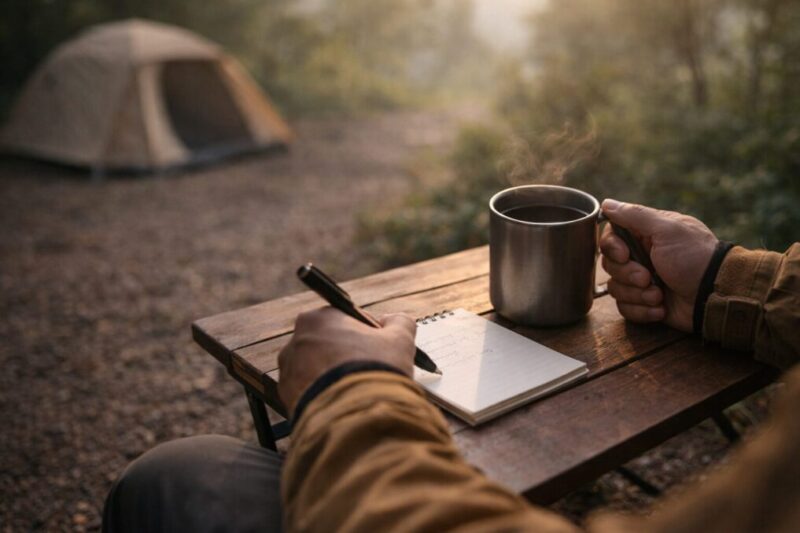 朝のコーヒーを飲みながら気持ちを整理するソロキャンプの手元