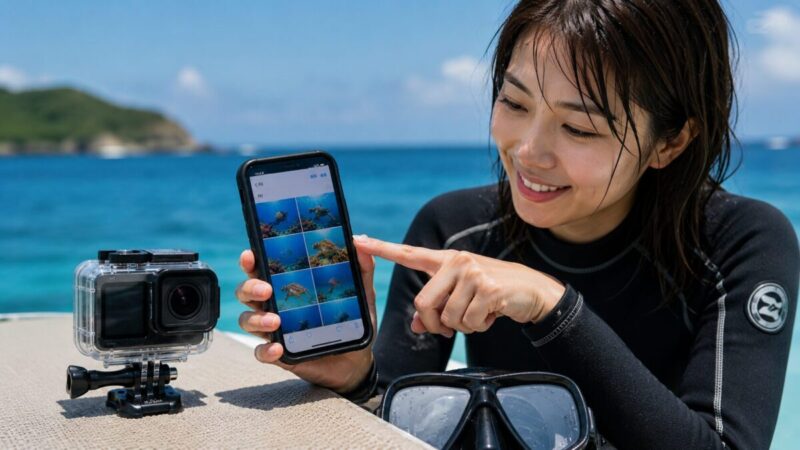ダイビング後に水中カメラで撮影した写真をスマートフォンで確認する様子