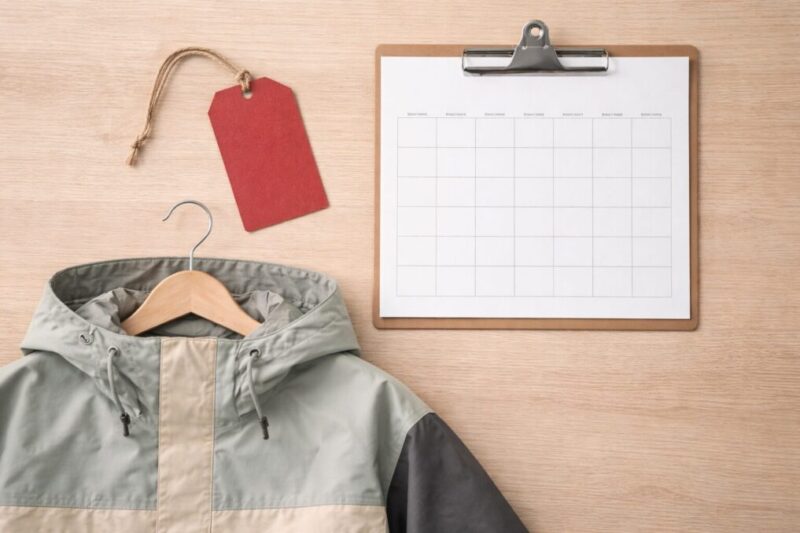 カレンダーとウェアを並べて新作と型落ちの買い時を考えるイメージ