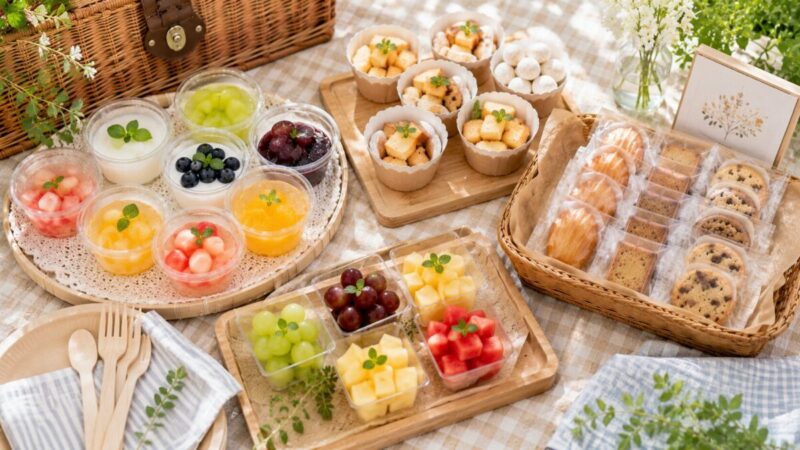 透明カップのフルーツデザート、紙カップの焼き菓子、木製トレー、ラタンバスケットを淡いクロスの上におしゃれに並べたピクニックのスイーツセット。