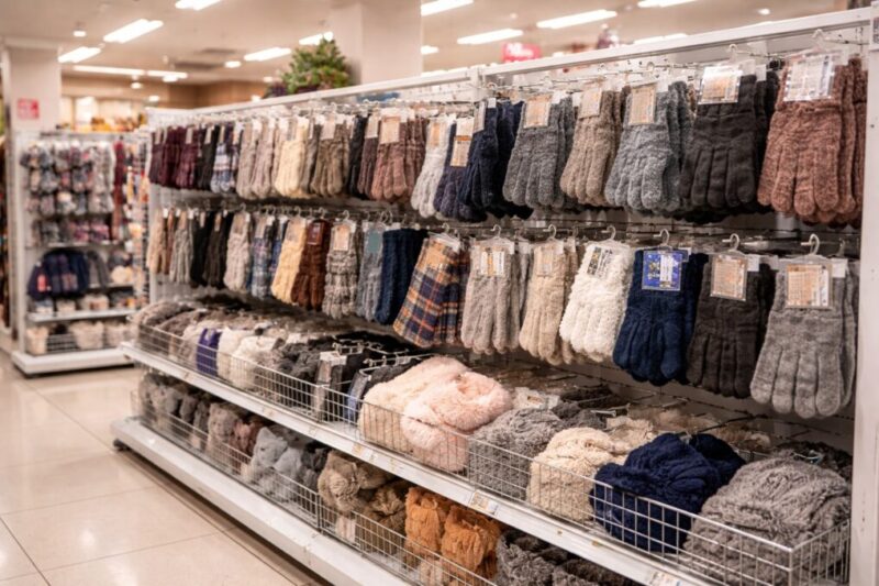 店内の冬小物コーナーに手袋や防寒小物が並び、売り場の場所がひと目で分かる様子。