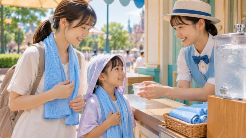 テーマパークの対応店舗で冷感タオル用の冷たい水を受け取る親子