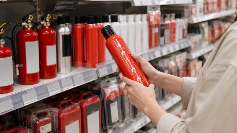 ホームセンターの売り場で消火スプレーの適応火災表示を確認する様子