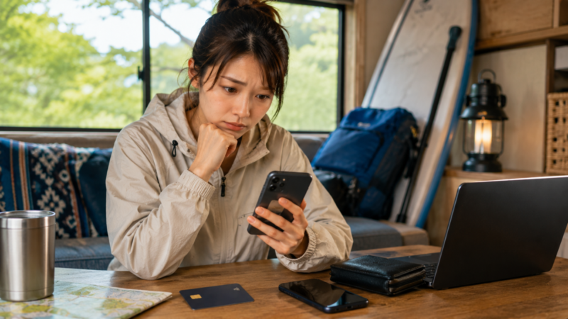 アクティビティ予約の決済トラブルをスマホで確認する女性