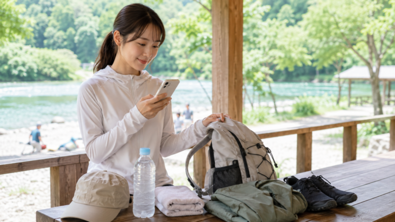 水辺のアクティビティ前にスマートフォンで予約内容を確認しながら持ち物を準備する旅行者