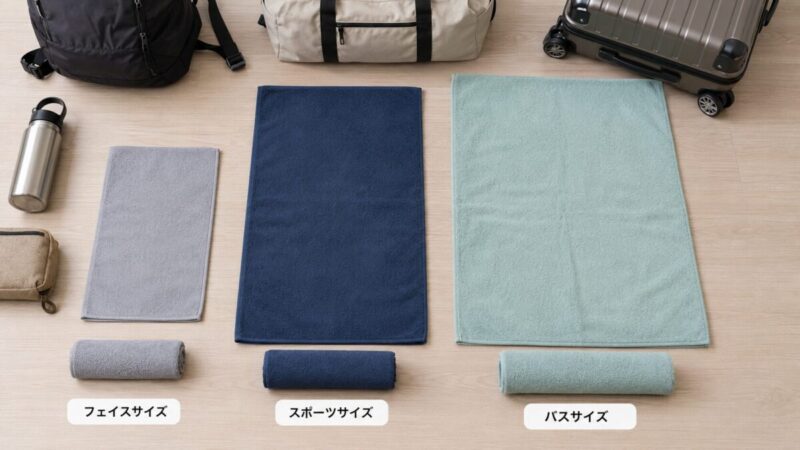フェイスサイズとスポーツサイズとバスサイズの旅行用速乾タオルを荷物量別に比較する様子